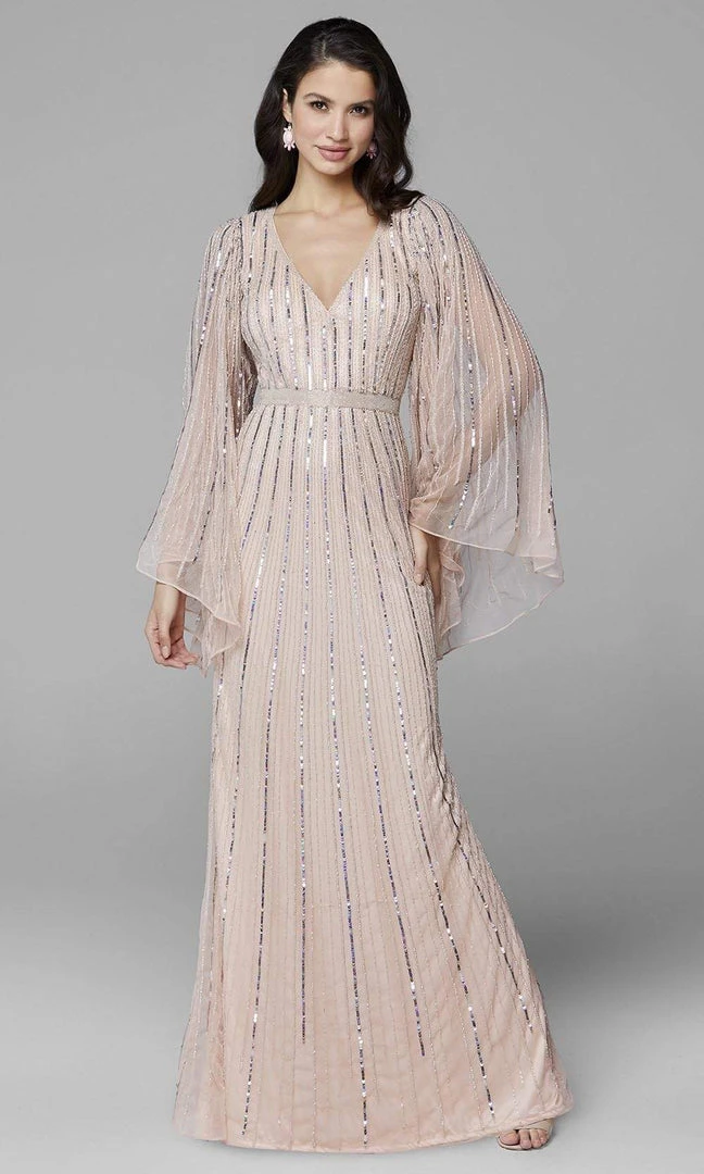 Primavera Couture - 3672 Sequined Long Bell Sleeve Sheath Dress 3 Primavera Couture - 3672 Sequined Long Bell Sleeve Sheath Dress