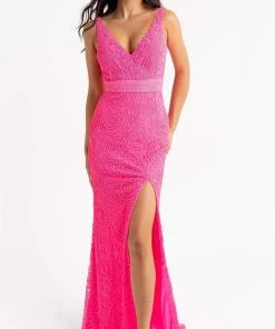 Primavera Couture - 3723 V-Neck Floral Pattern Beaded Gown 33 Primavera Couture - 3723 V-Neck Floral Pattern Beaded Gown