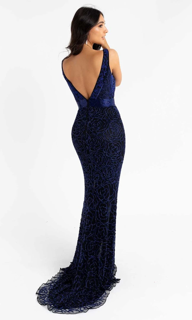 Primavera Couture - 3723 V-Neck Floral Pattern Beaded Gown 12 Primavera Couture - 3723 V-Neck Floral Pattern Beaded Gown