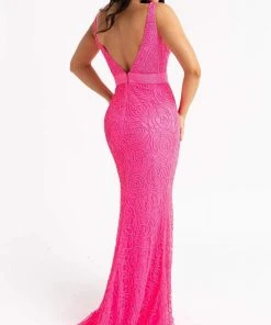 Primavera Couture - 3723 V-Neck Floral Pattern Beaded Gown 32 Primavera Couture - 3723 V-Neck Floral Pattern Beaded Gown