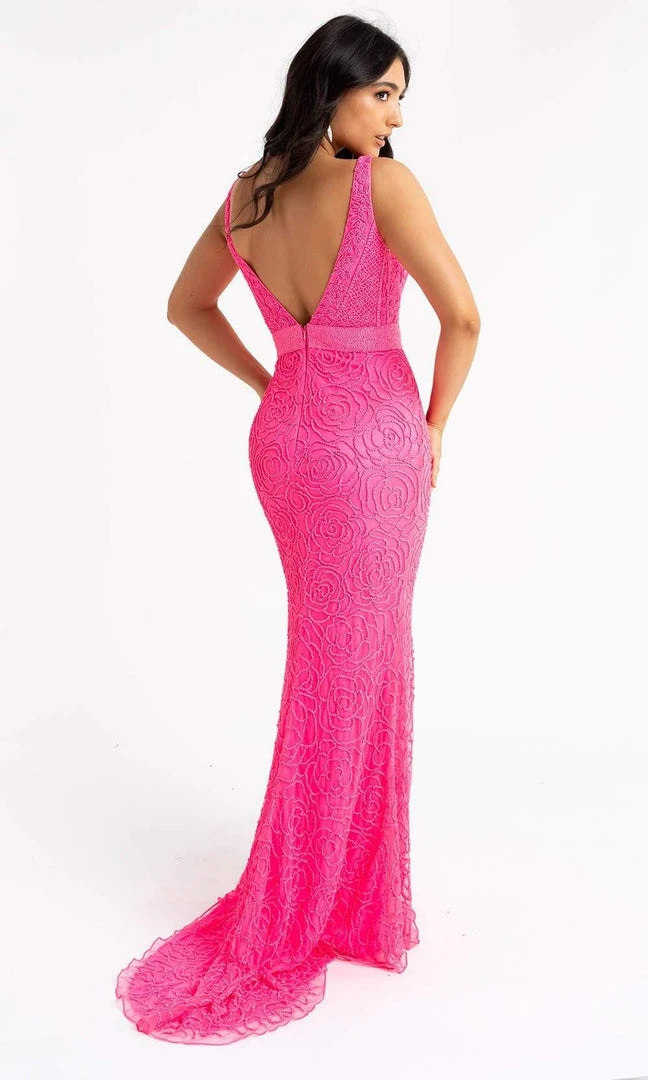 Primavera Couture - 3723 V-Neck Floral Pattern Beaded Gown 15 Primavera Couture - 3723 V-Neck Floral Pattern Beaded Gown