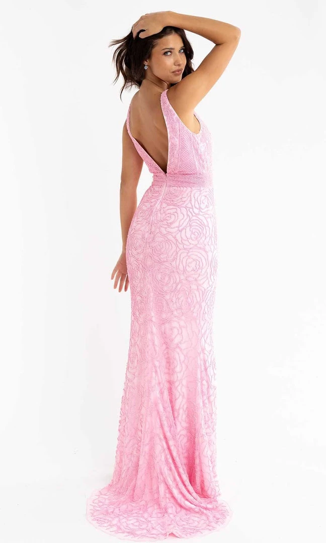 Primavera Couture - 3723 V-Neck Floral Pattern Beaded Gown 20 Primavera Couture - 3723 V-Neck Floral Pattern Beaded Gown