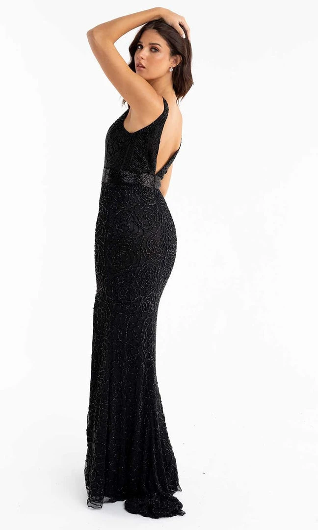 Primavera Couture - 3723 V-Neck Floral Pattern Beaded Gown 4 Primavera Couture - 3723 V-Neck Floral Pattern Beaded Gown