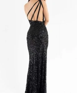 Primavera Couture - 3738 Asymmetrical Strappy Back Fully Sequined High Slit Trumpet Gown
