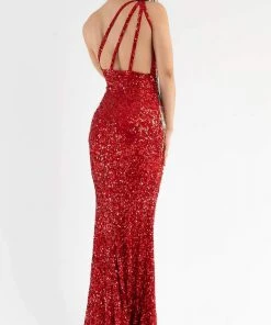 Primavera Couture - 3738 Asymmetrical Strappy Back Fully Sequined High Slit Trumpet Gown