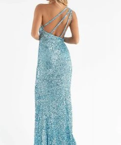 Primavera Couture - 3738 Asymmetrical Strappy Back Fully Sequined High Slit Trumpet Gown