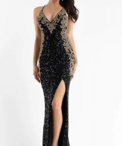 Primavera Couture - 3765 Unique Style Contrasting Sequins V Neckline Evening Gown