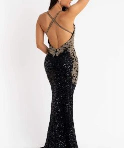 Primavera Couture - 3765 Unique Style Contrasting Sequins V Neckline Evening Gown