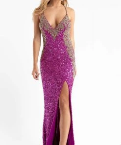 Primavera Couture - 3765 Unique Style Contrasting Sequins V Neckline Evening Gown