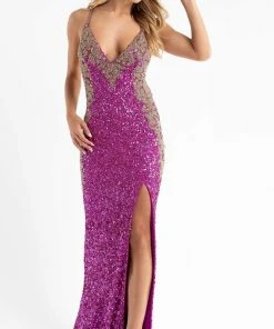 Primavera Couture - 3765 Unique Style Contrasting Sequins V Neckline Evening Gown