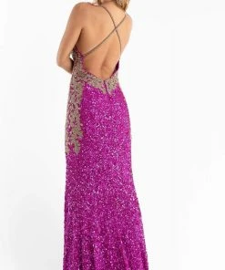 Primavera Couture - 3765 Unique Style Contrasting Sequins V Neckline Evening Gown