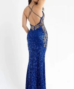 Primavera Couture - 3765 Unique Style Contrasting Sequins V Neckline Evening Gown