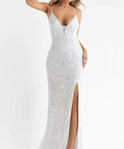 Primavera Couture - 3767 Plunging V Neckline Sequined High Slit Evening Gown