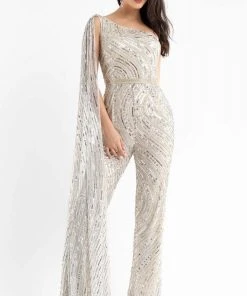 Primavera Couture - 3776 Fully Sequined One Shoulder Cape Jumpsuit Prom Dress 31 Primavera Couture - 3776 Fully Sequined One Shoulder Cape Jumpsuit Prom Dress