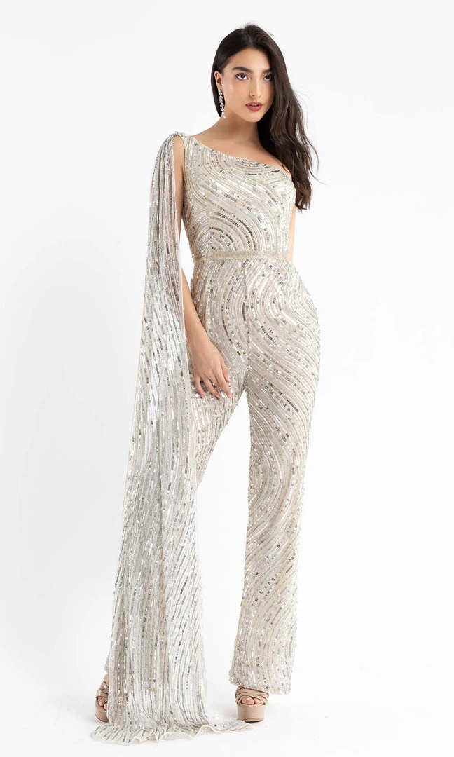 Primavera Couture - 3776 Fully Sequined One Shoulder Cape Jumpsuit Prom Dress 16 Primavera Couture - 3776 Fully Sequined One Shoulder Cape Jumpsuit Prom Dress