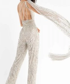 Primavera Couture - 3776 Fully Sequined One Shoulder Cape Jumpsuit Prom Dress 32 Primavera Couture - 3776 Fully Sequined One Shoulder Cape Jumpsuit Prom Dress