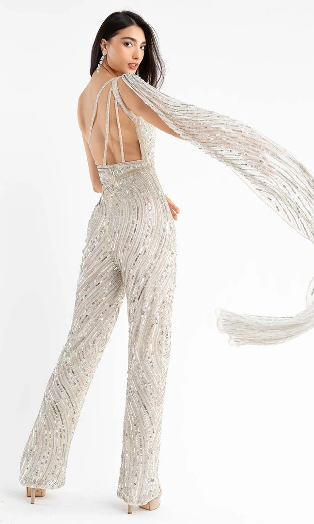 Primavera Couture - 3776 Fully Sequined One Shoulder Cape Jumpsuit Prom Dress 17 Primavera Couture - 3776 Fully Sequined One Shoulder Cape Jumpsuit Prom Dress