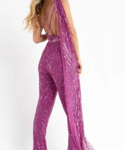 Primavera Couture - 3776 Fully Sequined One Shoulder Cape Jumpsuit Prom Dress 19 Primavera Couture - 3776 Fully Sequined One Shoulder Cape Jumpsuit Prom Dress