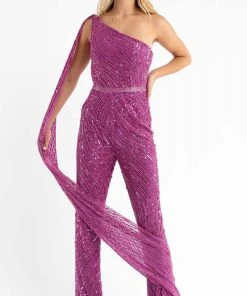 Primavera Couture - 3776 Fully Sequined One Shoulder Cape Jumpsuit Prom Dress 21 Primavera Couture - 3776 Fully Sequined One Shoulder Cape Jumpsuit Prom Dress