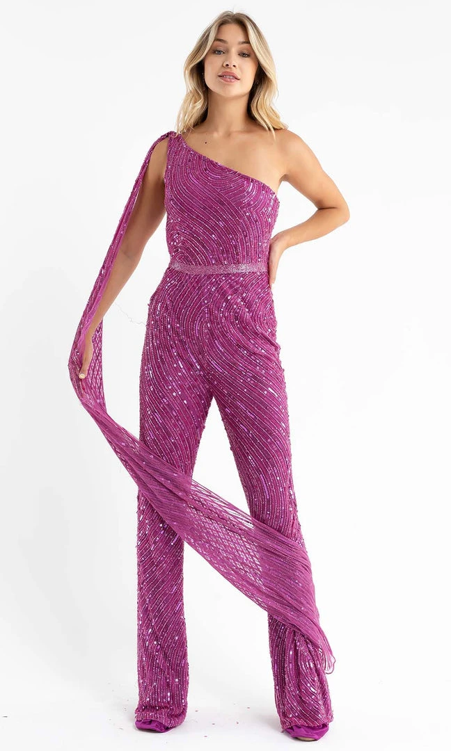 Primavera Couture - 3776 Fully Sequined One Shoulder Cape Jumpsuit Prom Dress 6 Primavera Couture - 3776 Fully Sequined One Shoulder Cape Jumpsuit Prom Dress