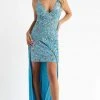 Primavera Couture - 3781 Floral Sequined Split Overlay Long Dress 2 Primavera Couture - 3781 Floral Sequined Split Overlay Long Dress