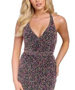 Primavera Couture 3824 - Sequined Strappy Back Cocktail Dress