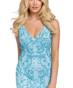 Primavera Couture 3825 - Beaded V-Neck Fitted Cocktail Dress