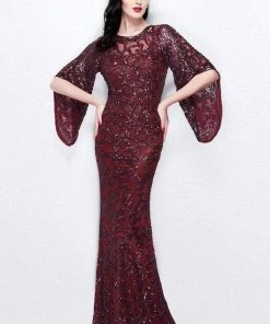 Primavera Couture - 9713 Sequined Flare Sleeve Illusion Sheath Gown