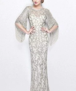 Primavera Couture - 9713 Sequined Flare Sleeve Illusion Sheath Gown