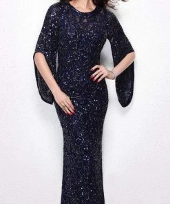 Primavera Couture - 9713 Sequined Flare Sleeve Illusion Sheath Gown
