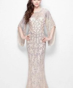 Primavera Couture - 9713 Sequined Flare Sleeve Illusion Sheath Gown