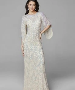 Primavera Couture - 9713 Sequined Flare Sleeve Illusion Sheath Gown
