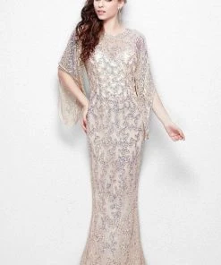 Primavera Couture - 9713 Sequined Flare Sleeve Illusion Sheath Gown