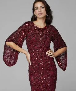 Primavera Couture - 9713 Sequined Flare Sleeve Illusion Sheath Gown