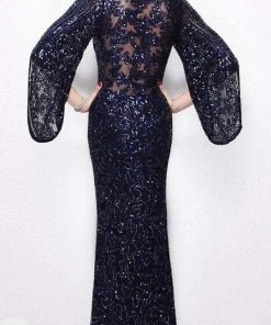 Primavera Couture - 9713 Sequined Flare Sleeve Illusion Sheath Gown