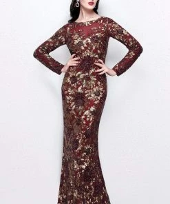 Primavera Couture - Long Sleeve Luxurious Floral Sequined Long Sheath Gown 1401