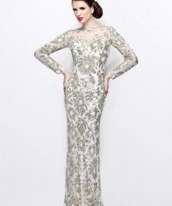 Primavera Couture - Long Sleeve Luxurious Floral Sequined Long Sheath Gown 1401