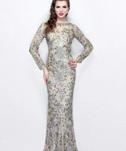 Primavera Couture - Long Sleeve Luxurious Floral Sequined Long Sheath Gown 1401