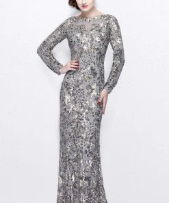 Primavera Couture - Long Sleeve Luxurious Floral Sequined Long Sheath Gown 1401