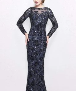 Primavera Couture - Long Sleeve Luxurious Floral Sequined Long Sheath Gown 1401