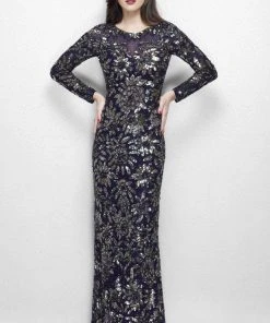 Primavera Couture - Long Sleeve Luxurious Floral Sequined Long Sheath Gown 1401