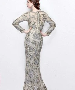 Primavera Couture - Long Sleeve Luxurious Floral Sequined Long Sheath Gown 1401