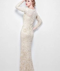 Primavera Couture - Long Sleeve Luxurious Floral Sequined Long Sheath Gown 1401
