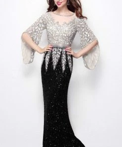 Primavera Couture - Stunning Two-Tone Sequin Embellished Long Gown With Batwing Sleeves 1424