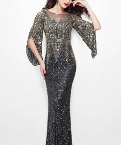 Primavera Couture - Stunning Two-Tone Sequin Embellished Long Gown With Batwing Sleeves 1424