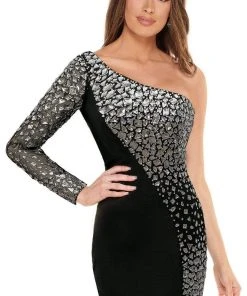 Rachel Allan - 40037 One Shoulder Asymmetric Mirror Stone Beaded Dress