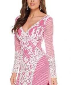 Rachel Allan - 40041 Contrast Lace Long Sleeve Cutout Back Dress