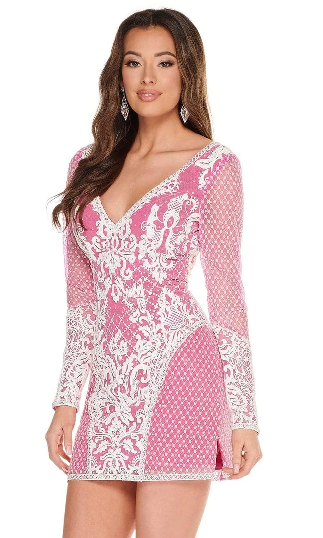 Rachel Allan - 40041 Contrast Lace Long Sleeve Cutout Back Dress 3 Rachel Allan - 40041 Contrast Lace Long Sleeve Cutout Back Dress