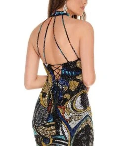 Rachel Allan - 40067 High Halter Multi-Beaded Short Dress