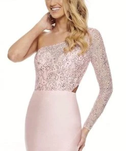 Rachel Allan - 40091 Beaded Asymmetric Neck Fitted Dress